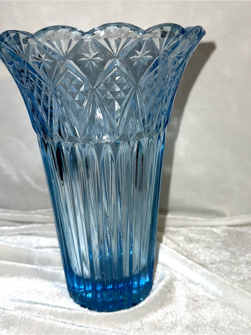 Vintage Blue Pressed Glass Floral Rim Vase